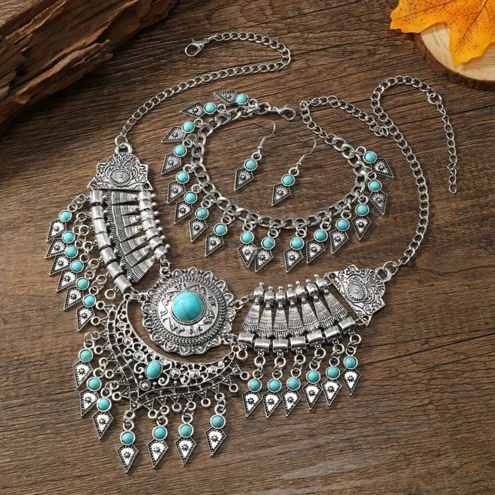 Boho Statement Matching Necklace, Bracelet & Earrings Set – Silver/Turquoise